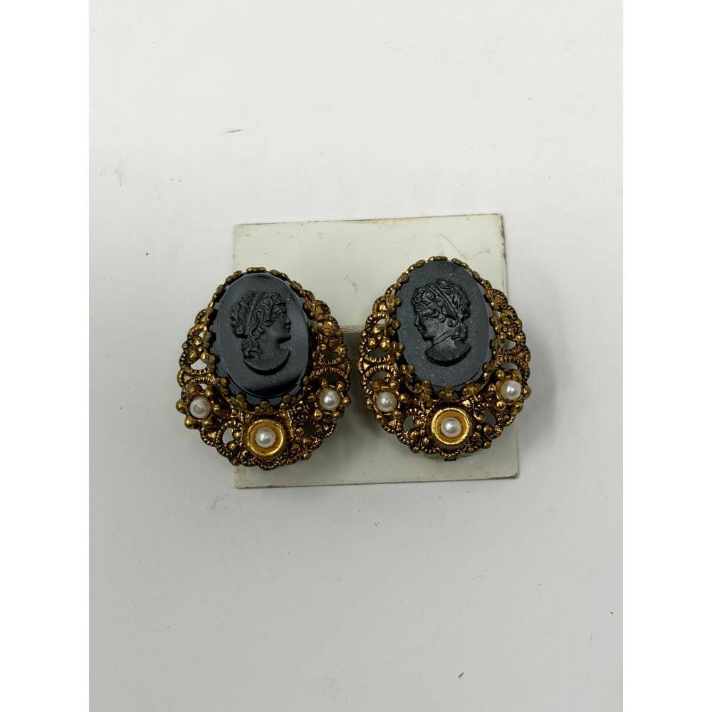 Vintage West Germany Black Glass Cameo Faux Pearl Gold Tone Clip On Earrings